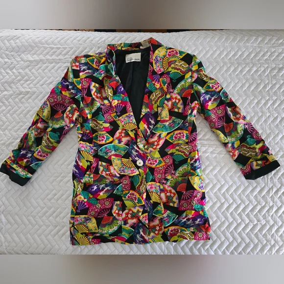 Vintage 100% Silk Dana Buchman Multicolor Fan Pattern Blazer - Picture 2 of 10